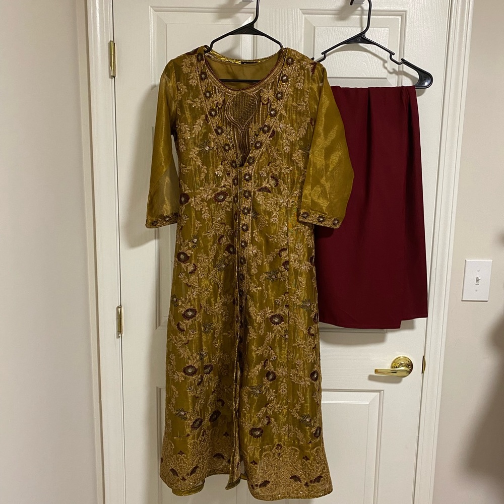 Beautiful embroidered golden organza dress/ coat style/ gown style